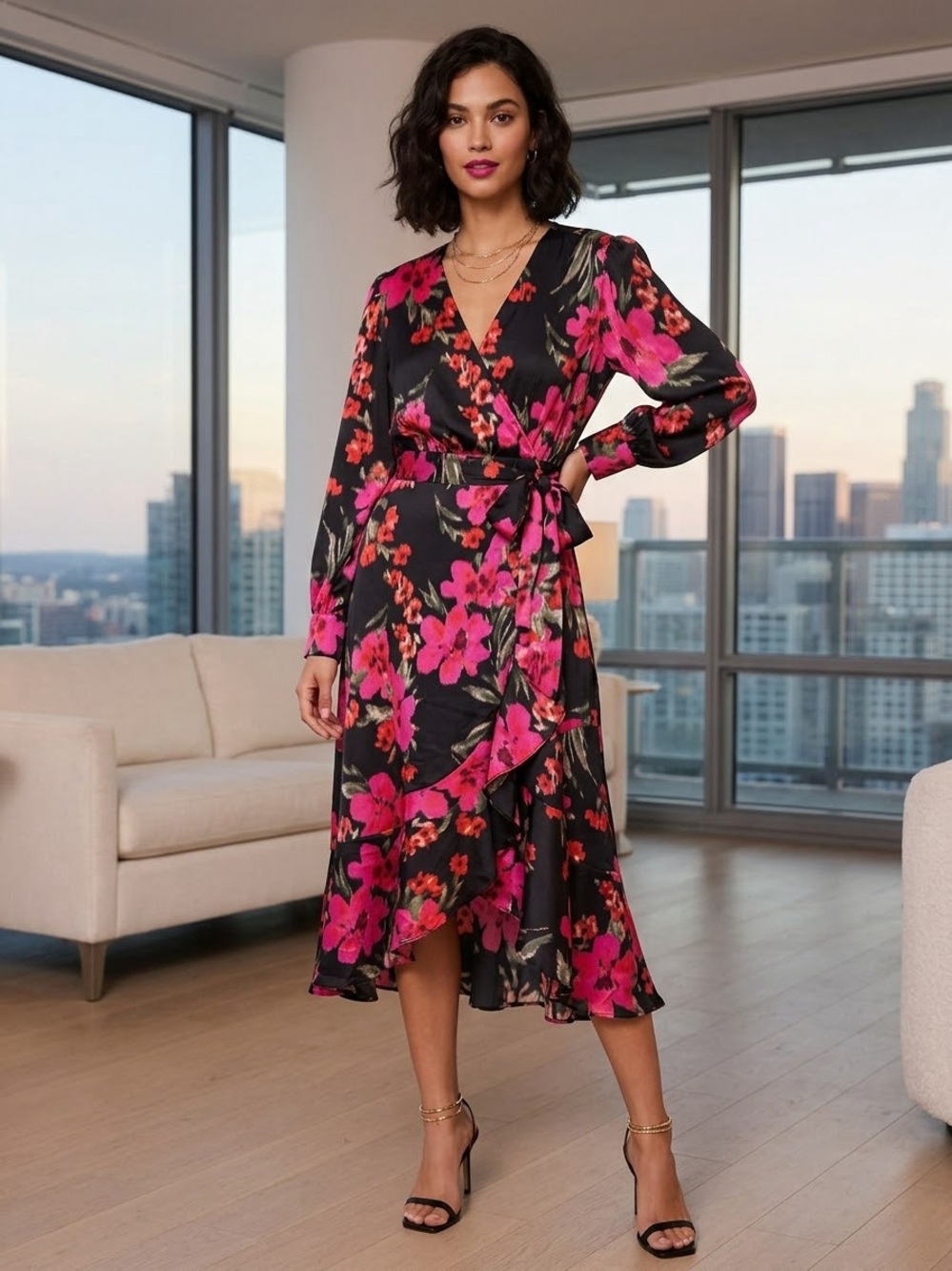 sofia by sofia vergara Black Wrap Midi Dress with Fuchsia Floral Print